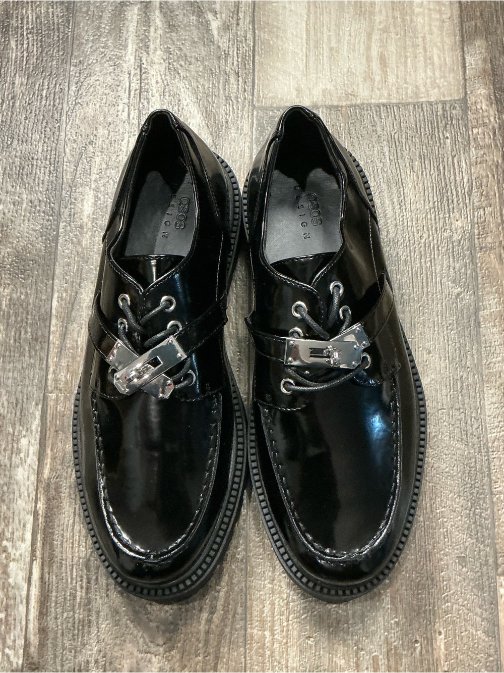 ASOS Black Patent Leather Lug Sole Slip-On Loafers Size 12 - Picture 16 of 16